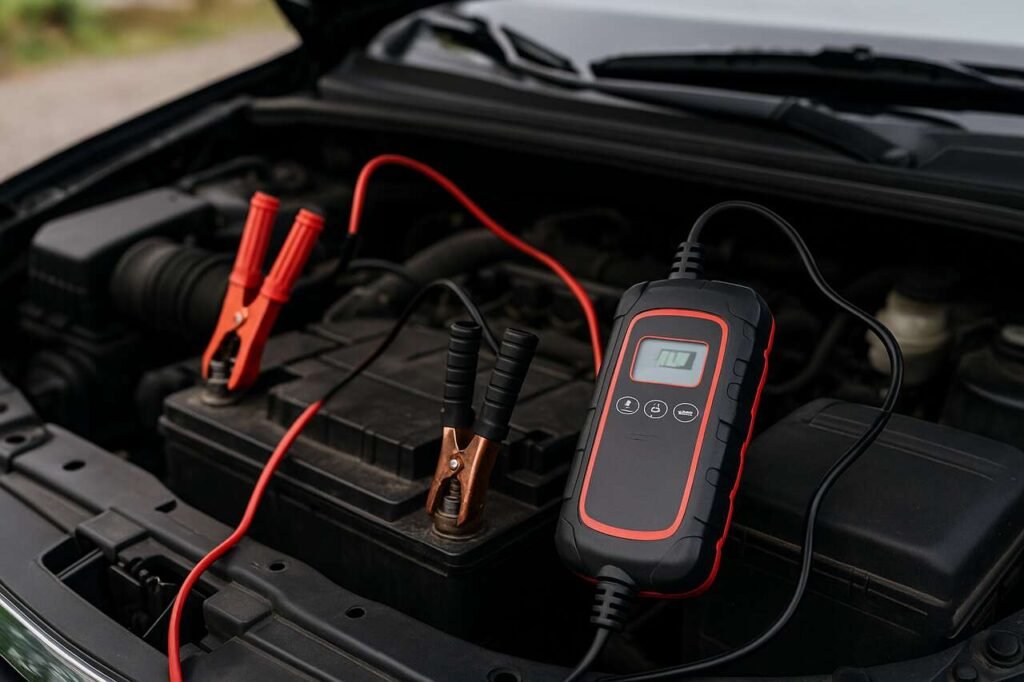 Charging a car battery with a portable charger and jumper cables.