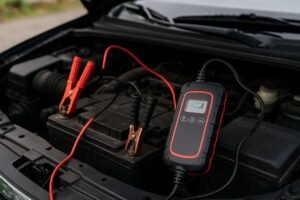Charging a car battery with a portable charger and jumper cables.