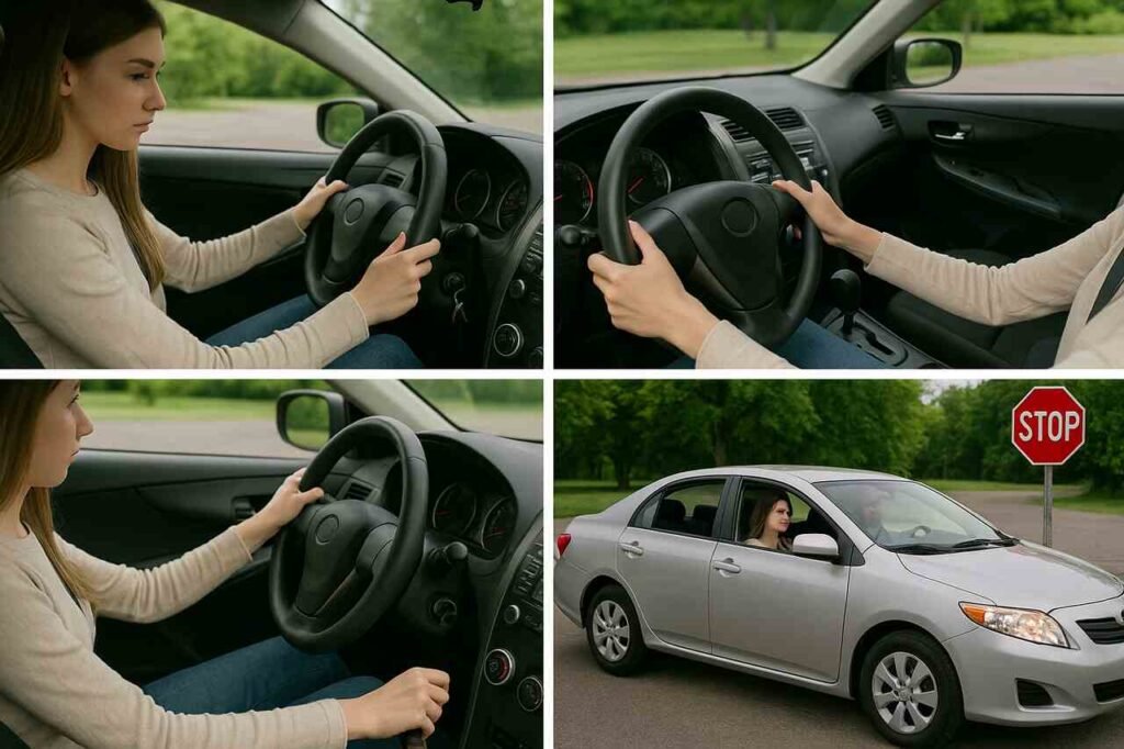 Woman learning to drive a car with instructor in parking lot.