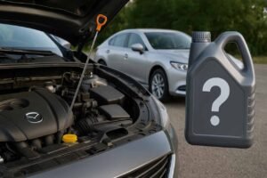 Car engine bay with oil dipstick and container showing oil capacity concept.