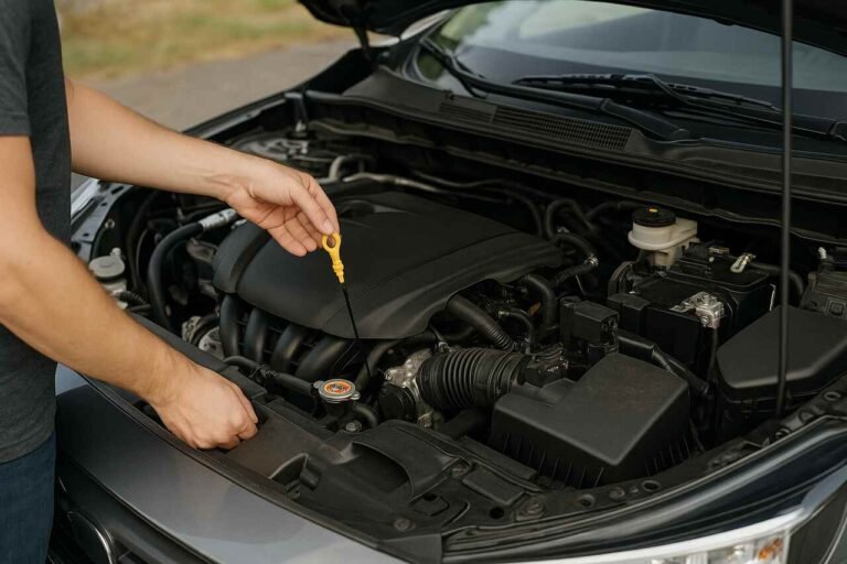 Checking car oil with dipstick under hood