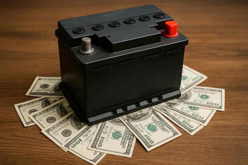 Car battery placed on top of hundred-dollar bills on a wooden table.