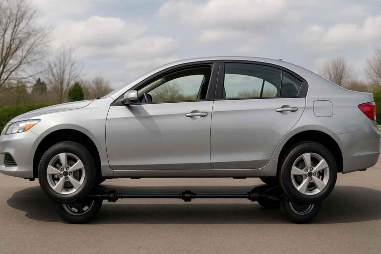 Silver sedan showing visible front and rear axles on a road.
