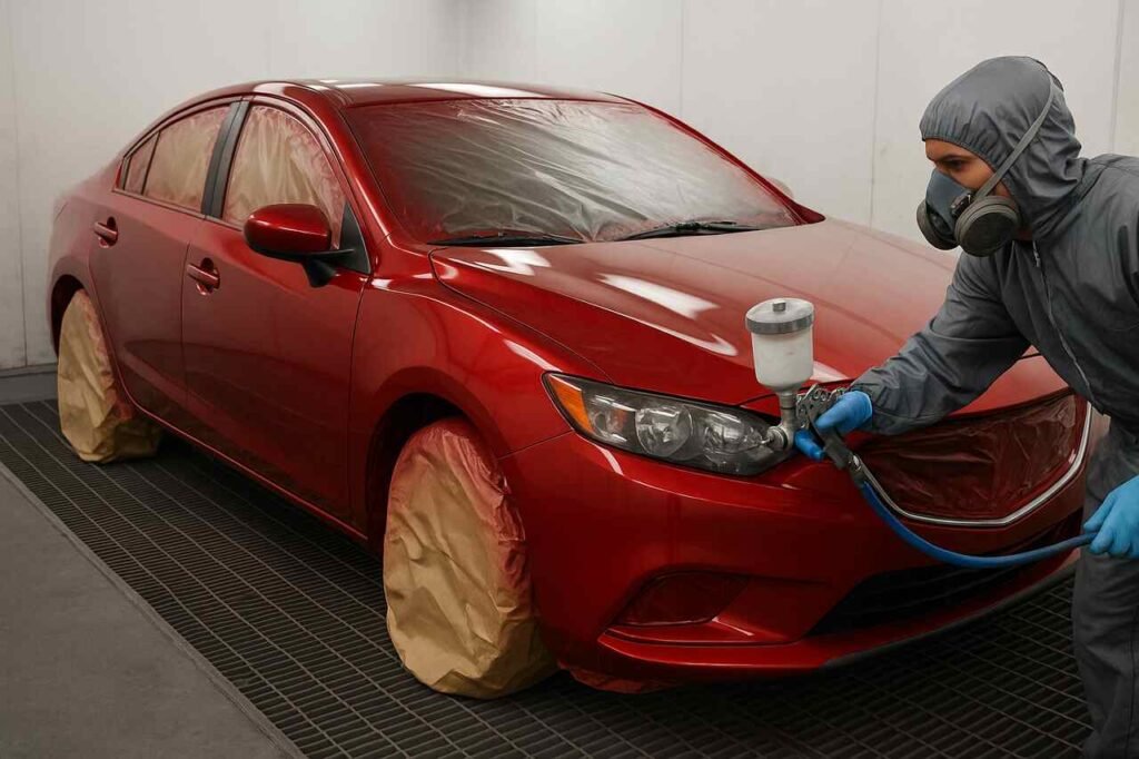 Auto technician painting a red sedan in a professional spray booth.