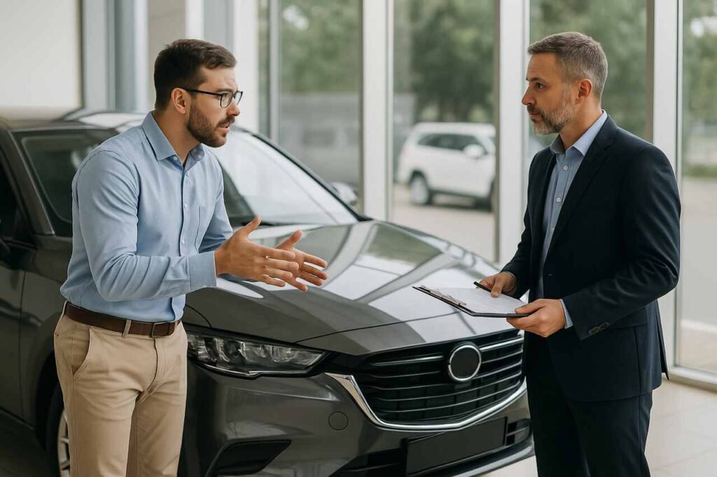 Car buyer negotiating price with dealership agent indoors.