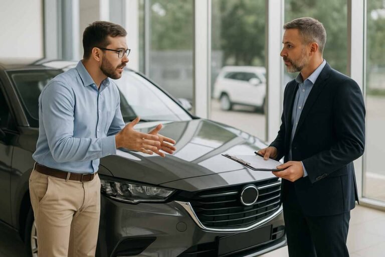 Car buyer negotiating price with dealership agent indoors.