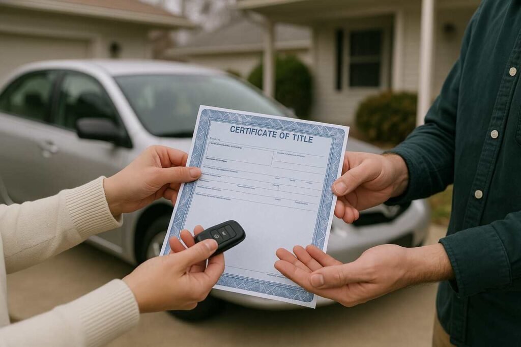 Car title being handed over with key in a driveway.