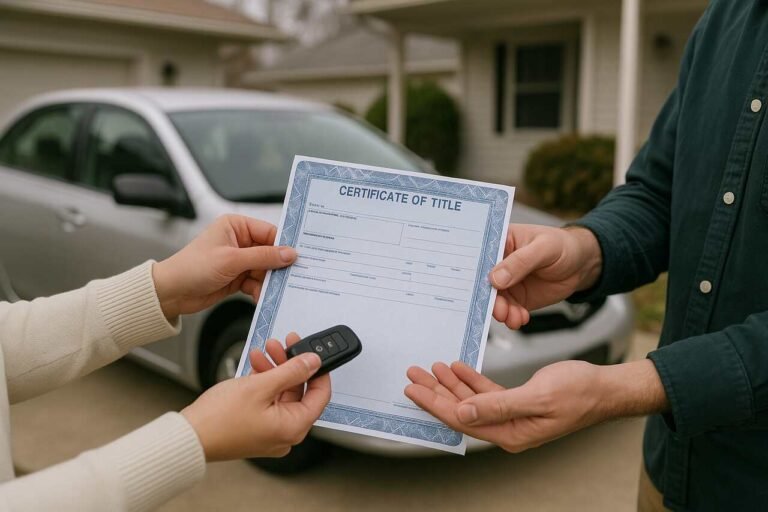 Car title being handed over with key in a driveway.