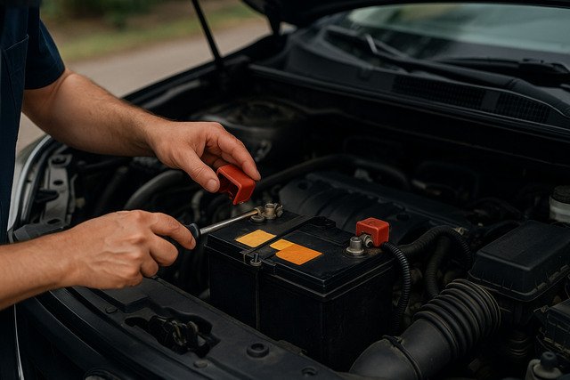 Mechanic inspecting a car battery terminal under the hood.