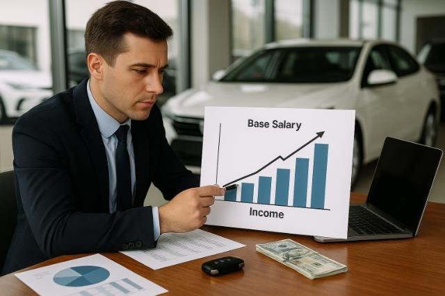 Car salesman analyzing income model at a dealership.