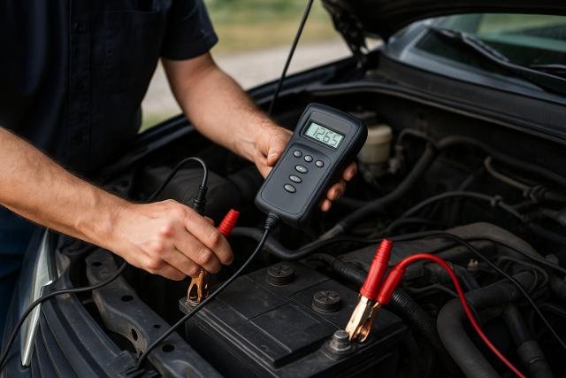 Mechanic testing a charged car battery with a digital battery tester.