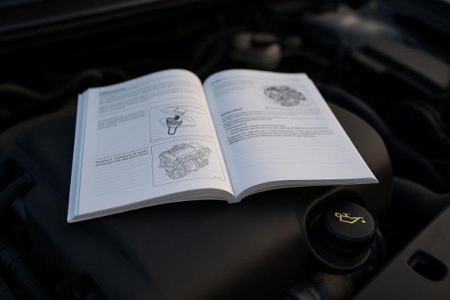 Car manual on engine showing oil information.