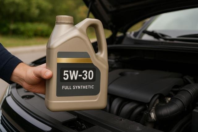 Hand holding 5W-30 oil near car engine