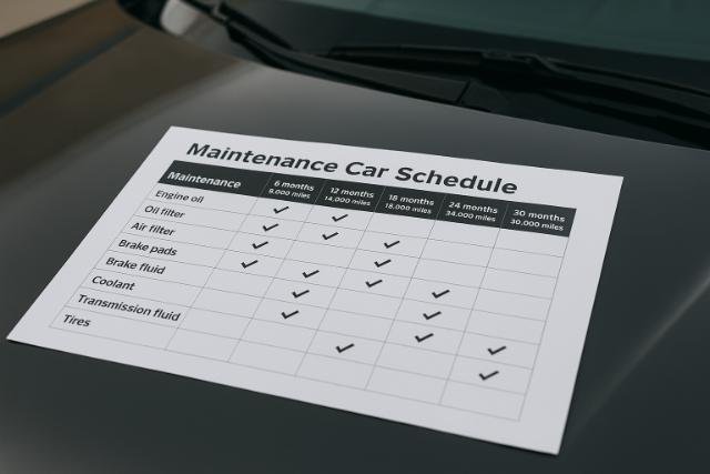 Car maintenance schedule chart on vehicle hood