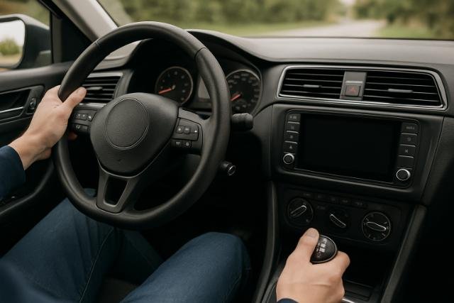 Driver using steering wheel and gear shift in a modern car interior.