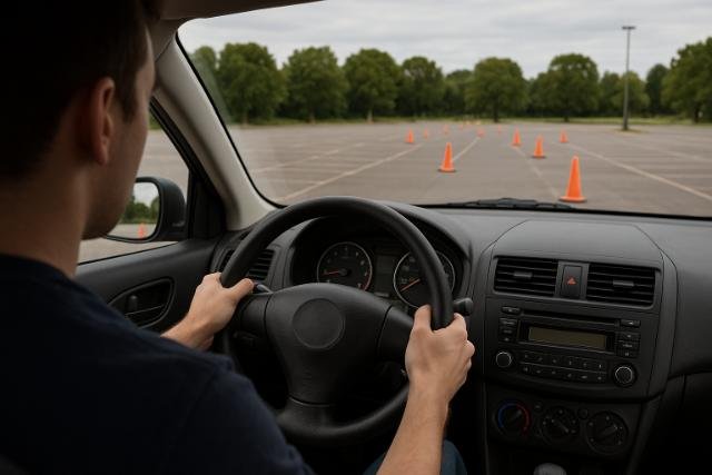 Driver practicing vehicle control in a parking lot with cones.