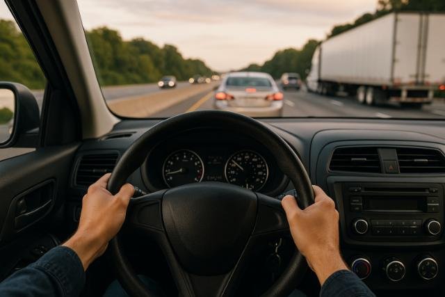 First-person view of a driver practicing defensive driving on a highway at dusk.