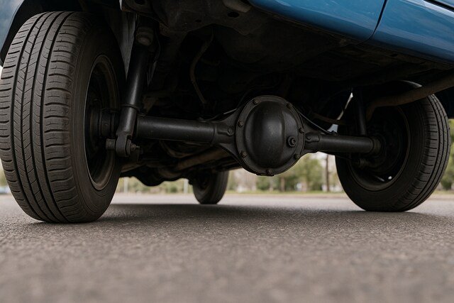 Car rear axle and differential system close-up view.