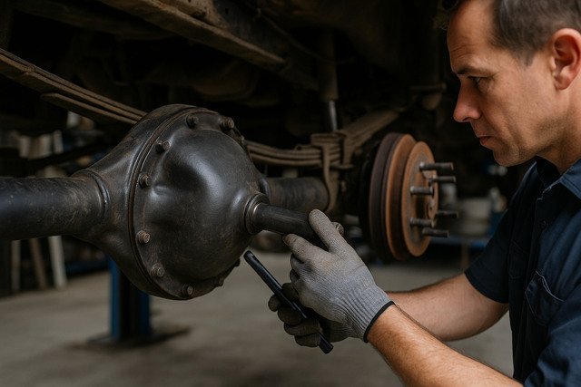 Mechanic inspecting vehicle axle for maintenance.