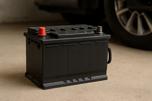 Close-up of a black car battery on a garage floor near a vehicle tire.