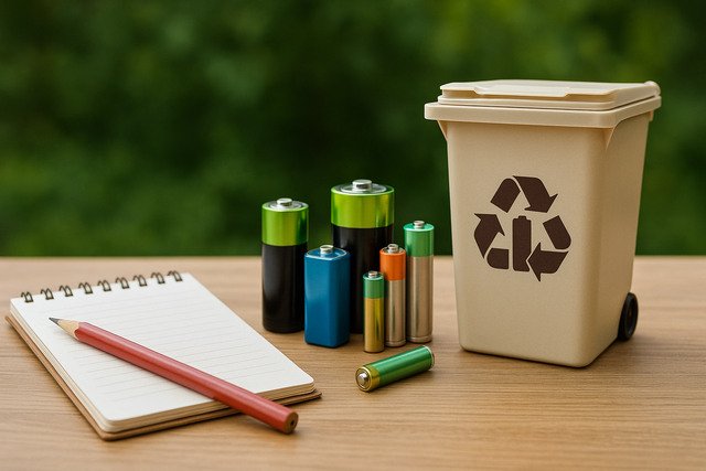 Used batteries beside recycling bin and notepad outdoors.