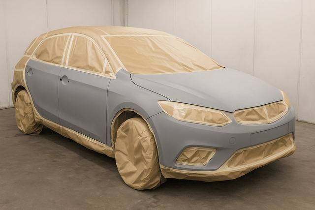 Car masked and primed in workshop before painting.