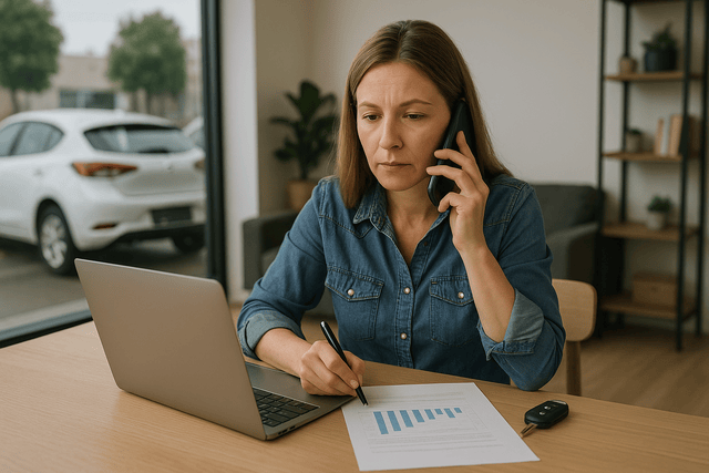 Woman planning car financing at home with laptop and phone