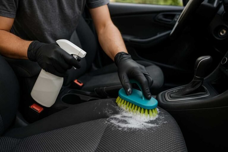 Cleaning a fabric car seat with a spray and brush