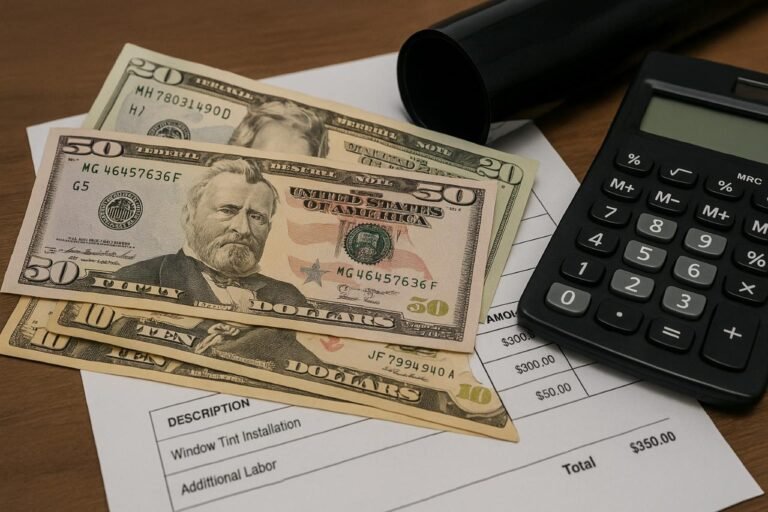 Car window tint cost breakdown with money, calculator, and invoice.