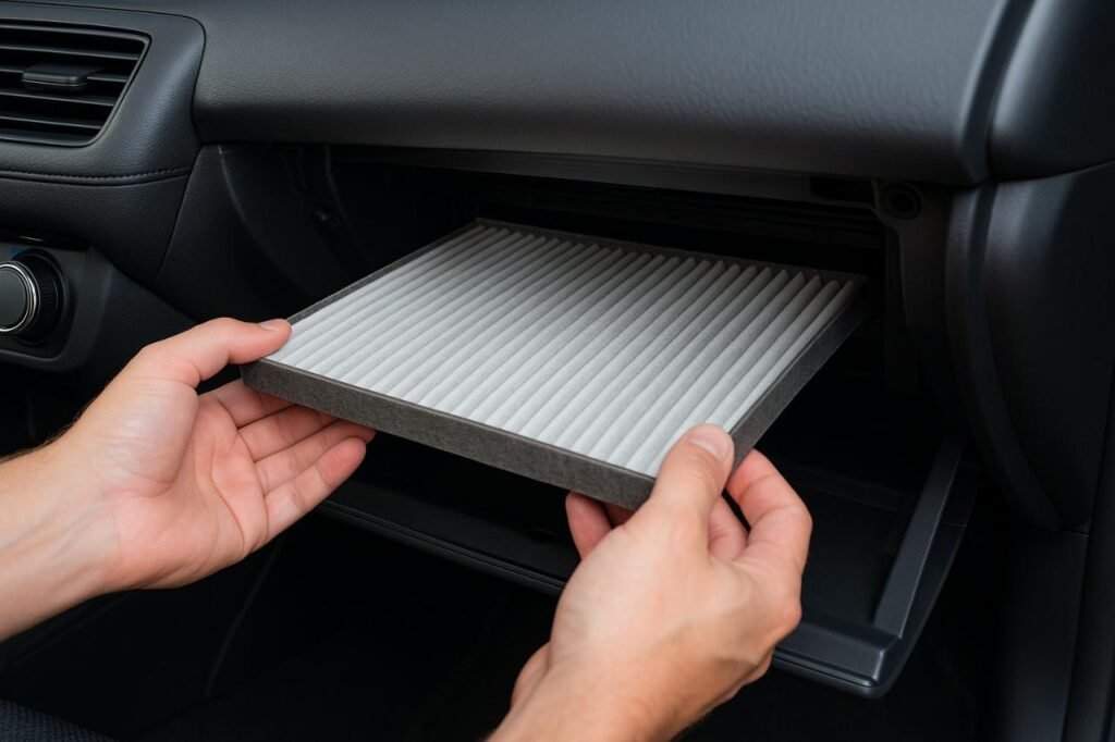 Hands replacing a cabin air filter in a car.
