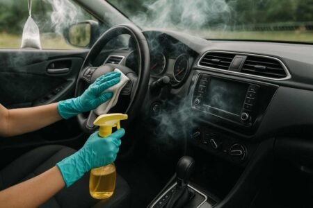 Cleaning smoke smell from car interior with spray and cloth.