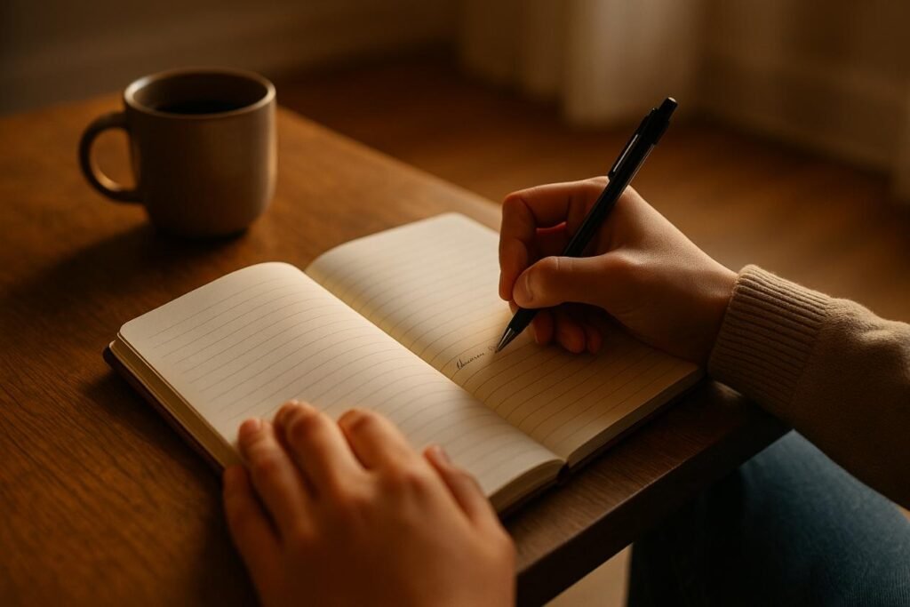 Person writing in a journal with a coffee mug on a wooden table in warm light.