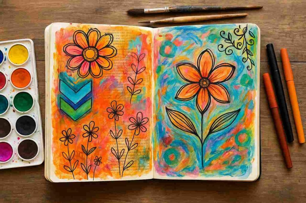 Open art journal with colorful flower drawings and painting tools on a wooden table.