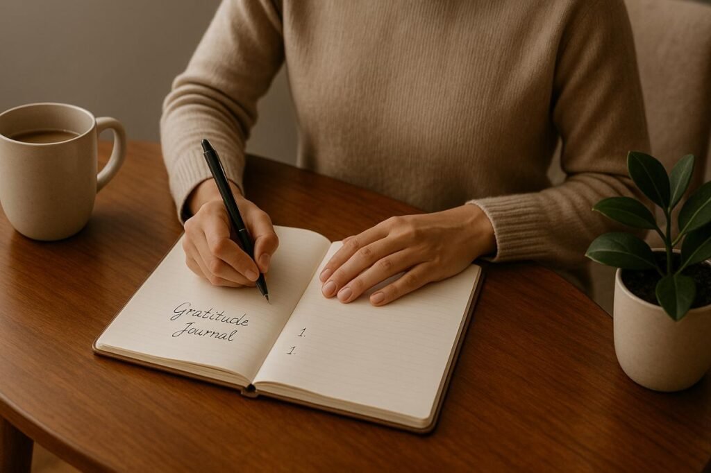 Person journaling gratitude with coffee and plant on wooden table.
