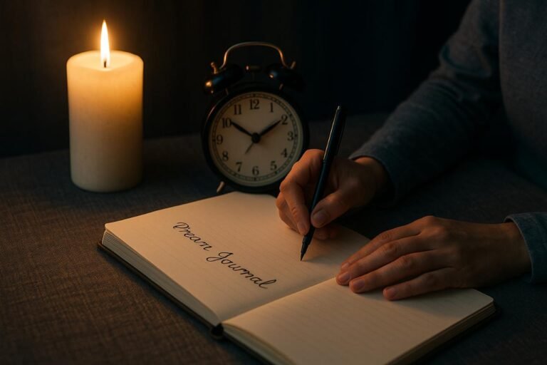 Person journaling dreams by candlelight with vintage clock.