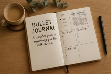 Open bullet journal with task lists and calendar on a wooden table.
