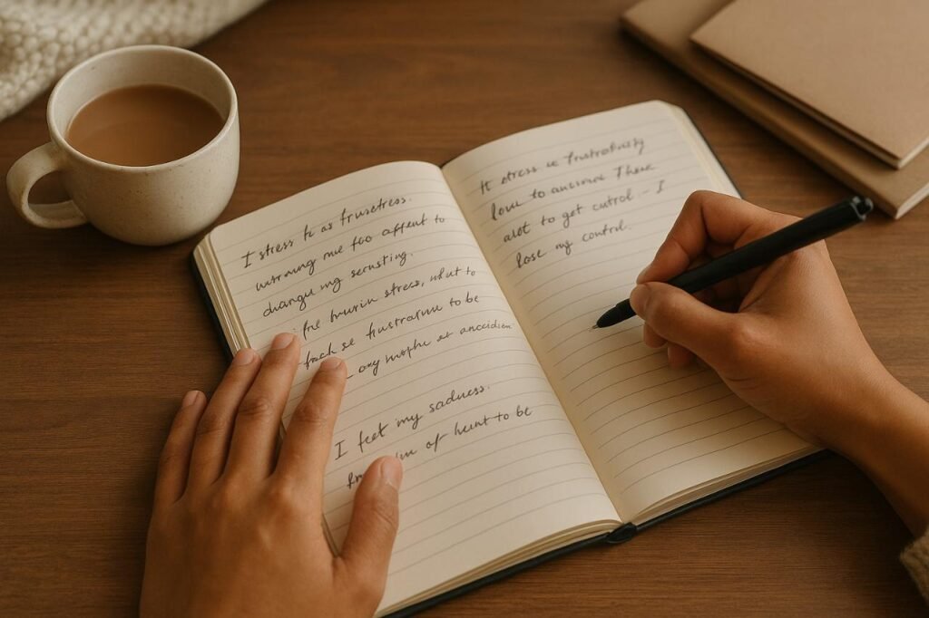 Person writing in a journal with tea on a wooden desk.