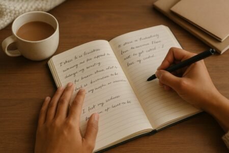 Person writing in a journal with tea on a wooden desk.