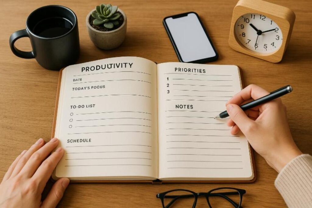 Open productivity journal on desk with focus tools.