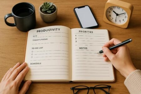 Open productivity journal on desk with focus tools.