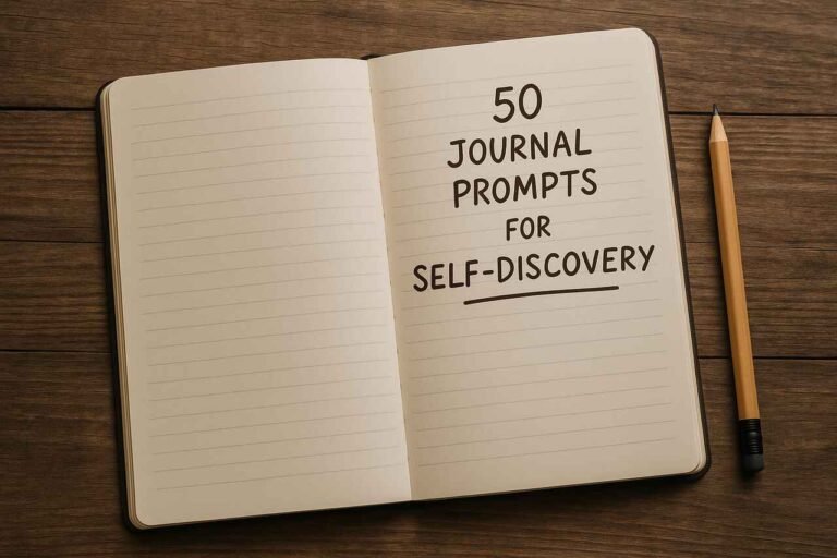 Open journal and pencil on wooden desk for self-discovery journaling.