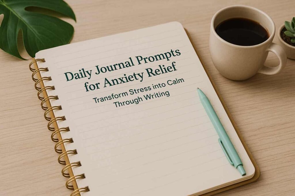 Calming journal scene with pen, coffee, and plants for anxiety relief