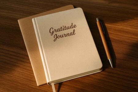 Gratitude journal and pen on wooden table in warm lighting.