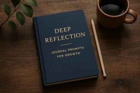 Navy journal with pencil and coffee on wooden desk, symbolizing deep reflection and personal growth.