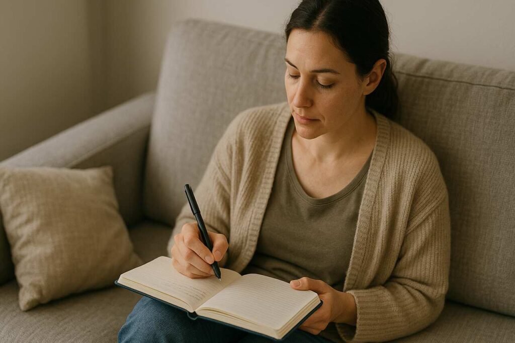 Woman journaling calmly on a sofa in soft natural light.