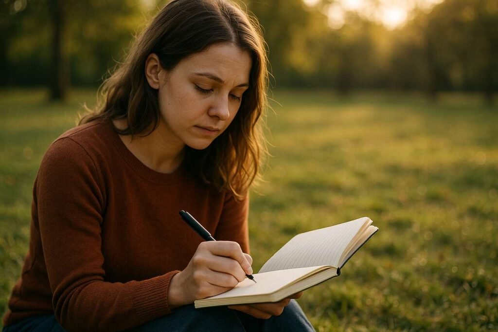 Woman journaling in a park at sunset for emotional healing.