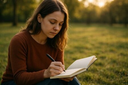 Woman journaling in a park at sunset for emotional healing.