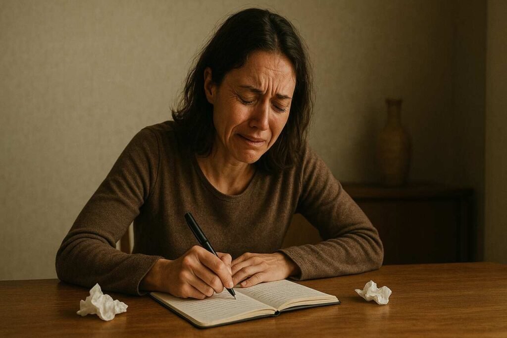 Woman writing emotionally in a journal with tissues on table.