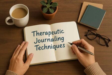 Person writing therapeutic journaling techniques in a notebook on a cozy table setup.