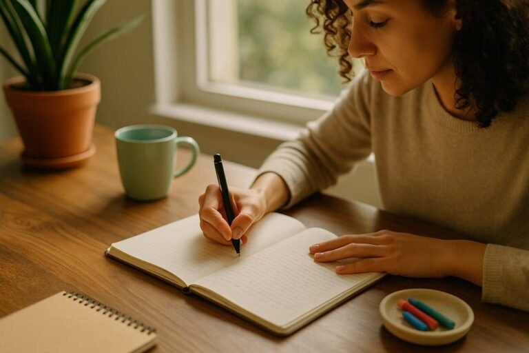Woman journaling at a desk near a window with sunlight and calm surroundings.